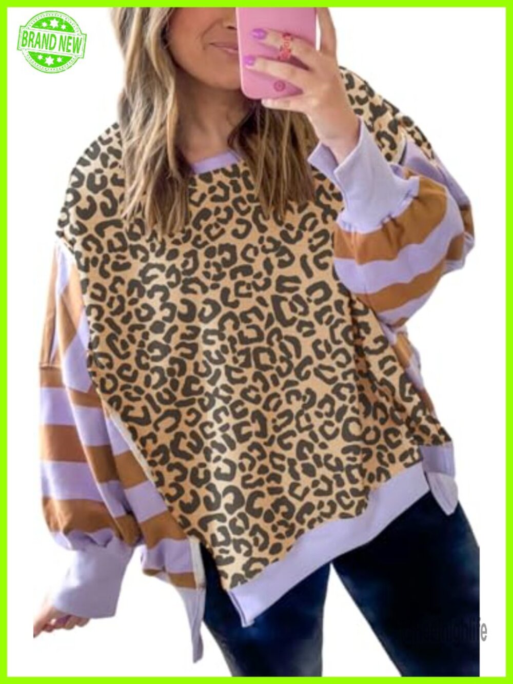 Women's Leopard Striped Sweatshirt Color Block Drop Shoulder Pullover